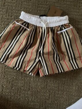 Burberry Beige Black White Striped Elastic Waist Shorts